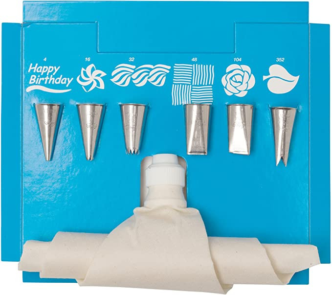 cake decorating set by ateco which includes 6 stainless steel cake decorator tips, pastry bag and coupler.