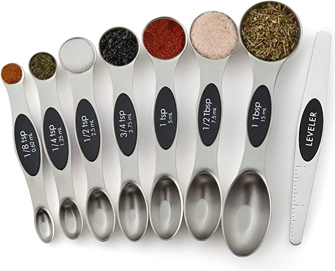 magnetic stackable dual sided measuring spoons for dry and wet ingredients ranging from 1/8 teaspoon to 1 tablespoon and includes a leveler