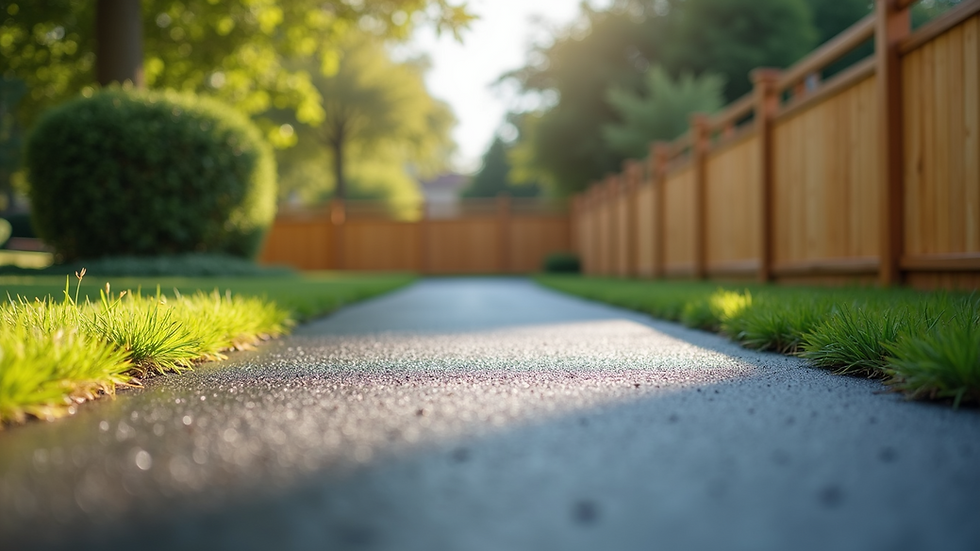 Eye-level view of a freshly resurfaced driveway with a newly installed wooden fence