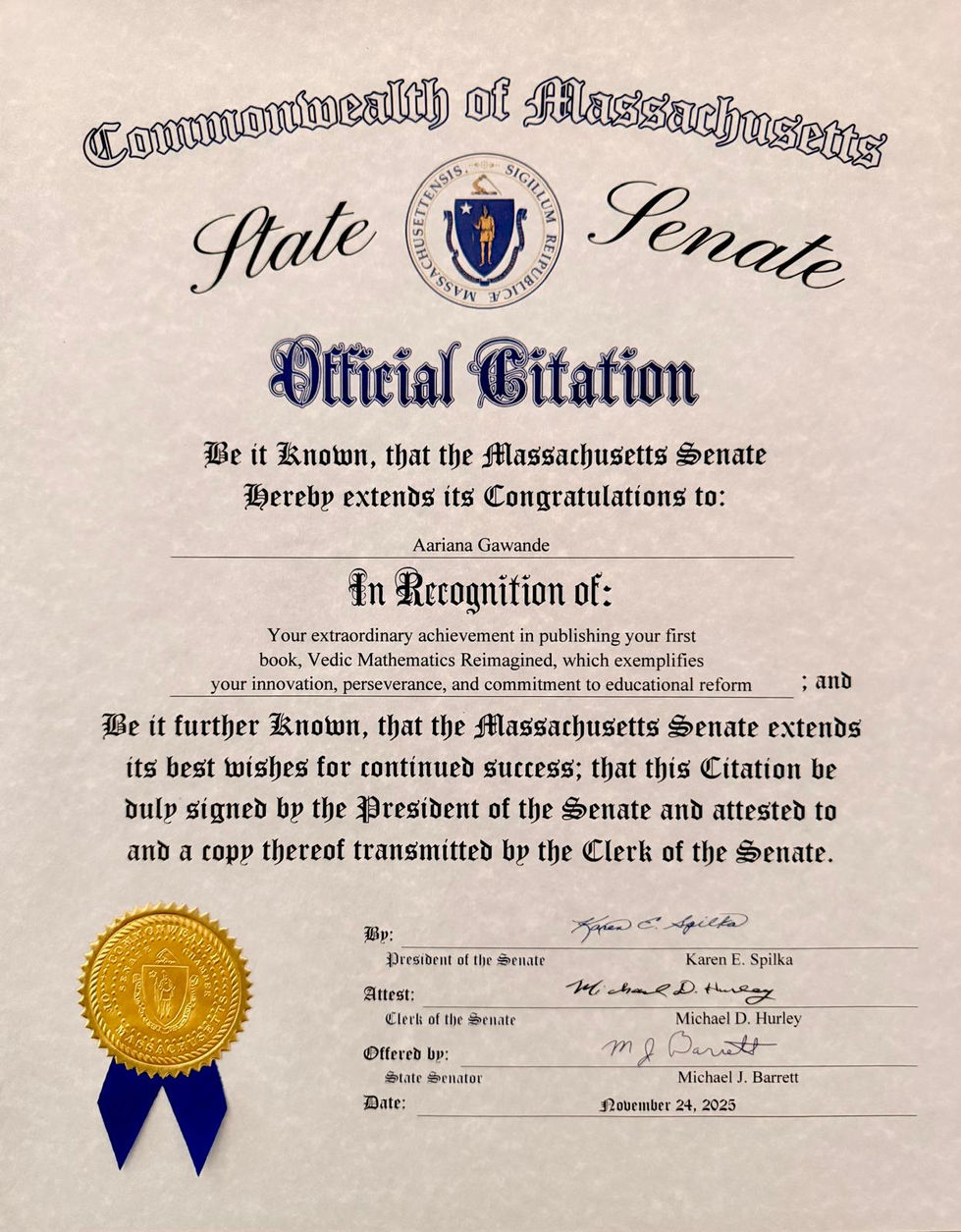 Official Citation from State Senator Michael J Barrett