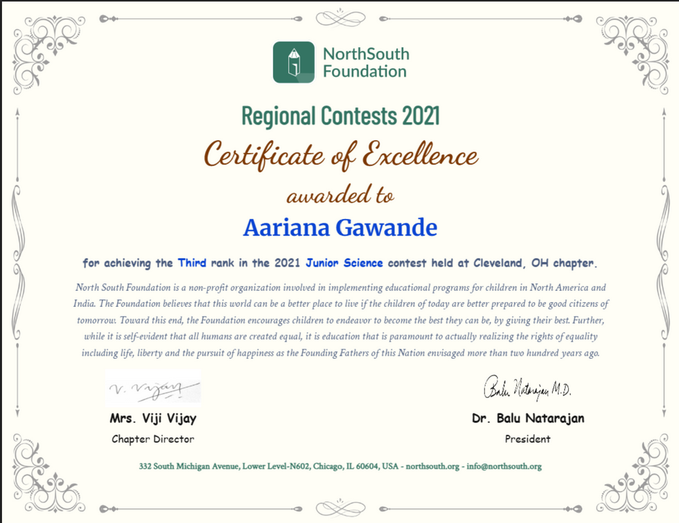 1dt Place Regional winner for Massachusetts North South Foundation Science Bee