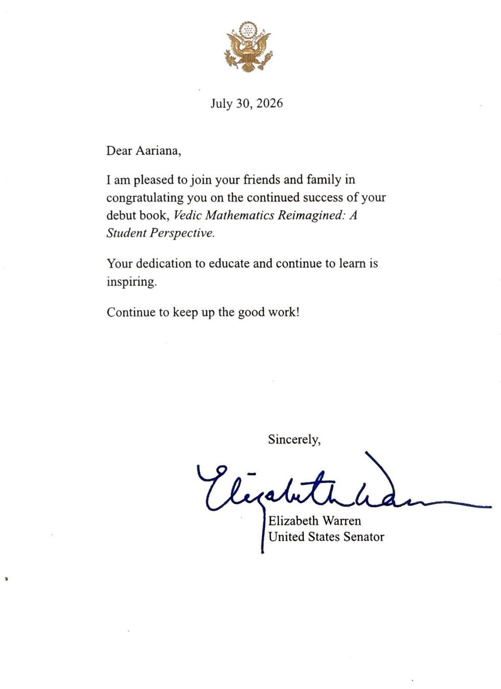 Recognition and Citation from Senator Elizabeth Warren