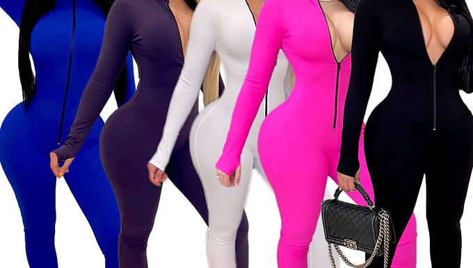 Sexy Solid Color Long Sleeve Deep v Bodycon Rompers Womens Jumpsuit Sport Suit F