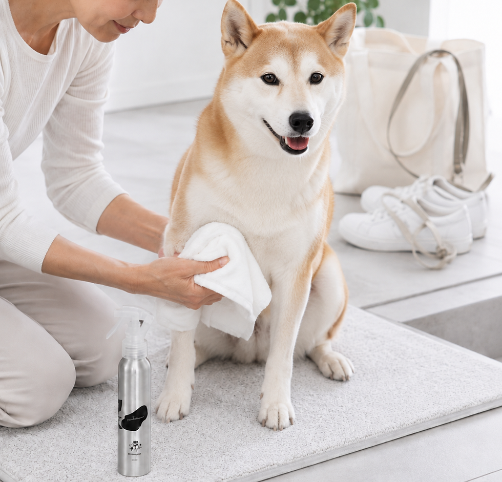 ジローズシャンプーでデイケアミストで散歩後の足を拭いてもらう柴犬