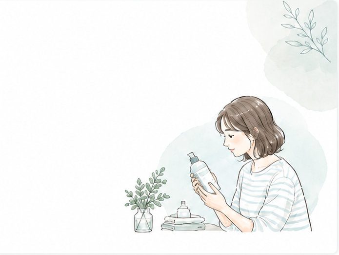 ジローズシャンプーのボトルを手に取る女性のイラスト
