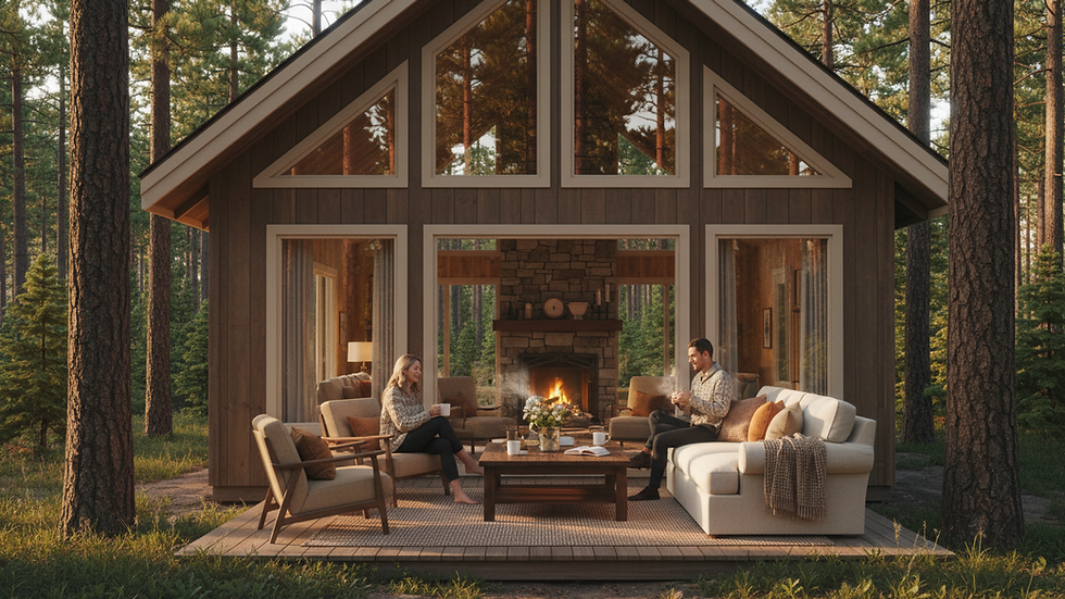 Eye-level view of a cozy retreat cabin surrounded by tall pine trees