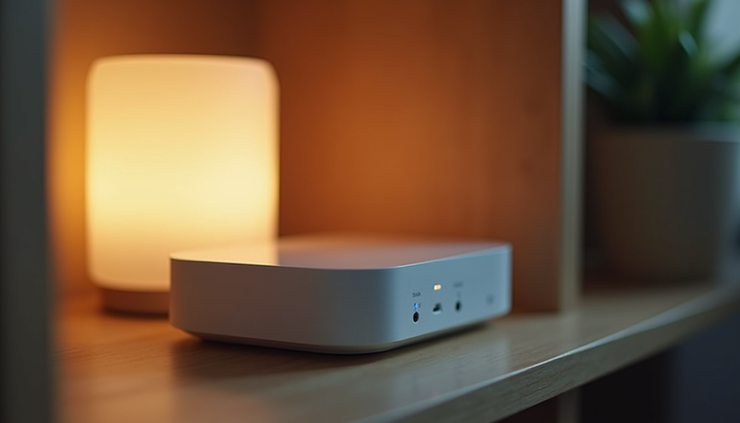Close-up view of a smart home hub device with LED indicators on a shelf