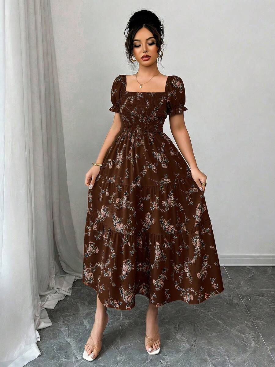 Miniatura: Women's Spring Summer Square Neck Pleated Short Sleeve Ruffle Hem Maxi Dress Dit