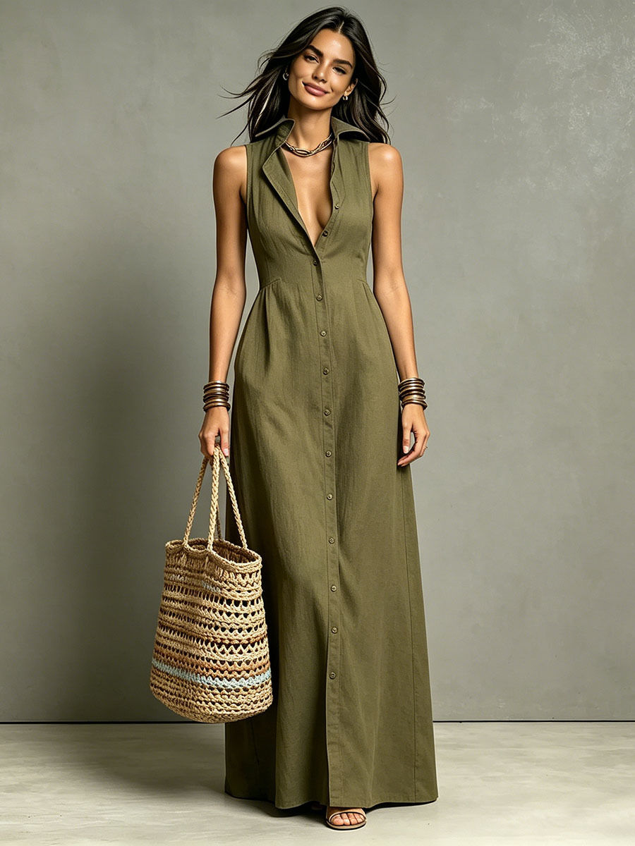 Miniatura: Elegant Casual Maxi Dress Summer Loose Solid Color Beach Resort Style V-Neck But
