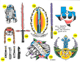 Some Texas Star Wars tattoo designs! R2D2 designs, light saber designs, the Millennium Falcon designs and more available for our Star Wars Day Tattoo Special