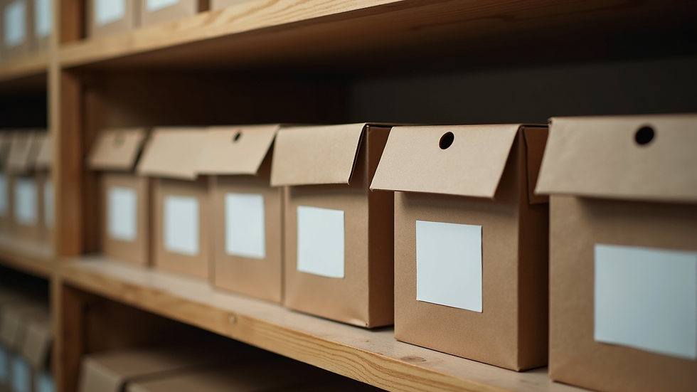 Close-up view of organized storage boxes on a shelf