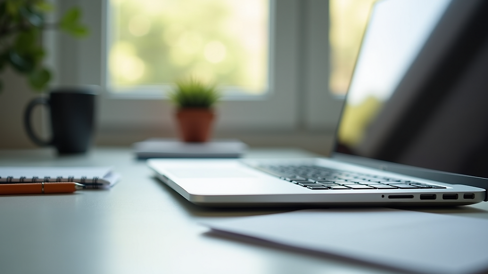 Close-up view of a neatly organized desk with a laptop and minimal stationery