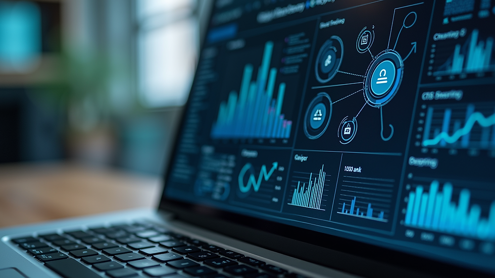 Close-up view of a laptop screen displaying IT network diagrams and data analytics