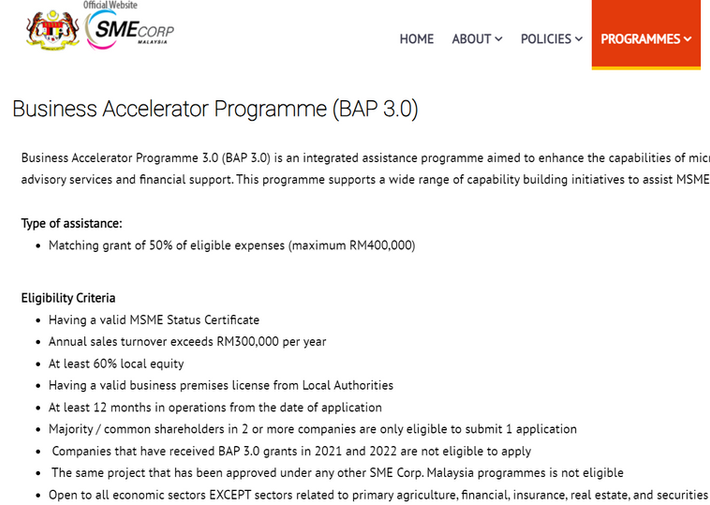 Matching grant of 50% of eligible expenses (maximum RM400,000)