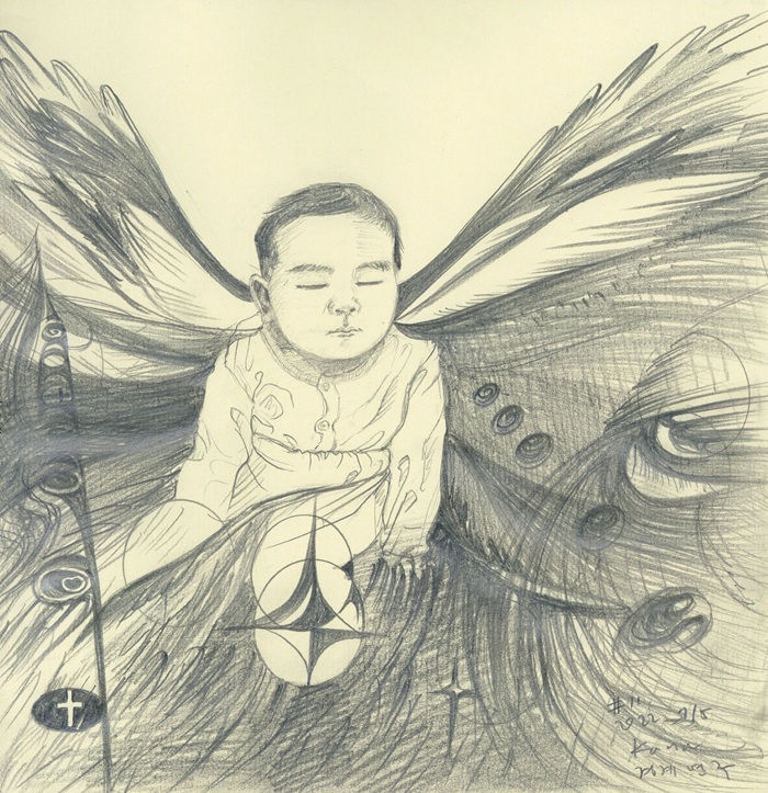 11. 보μ΄μ§ μλ λ κ°, ν° λ κ°_ Invisible Wings, Big wings A Pencil on Paper 22.7 x 22.7 (cm) 2022