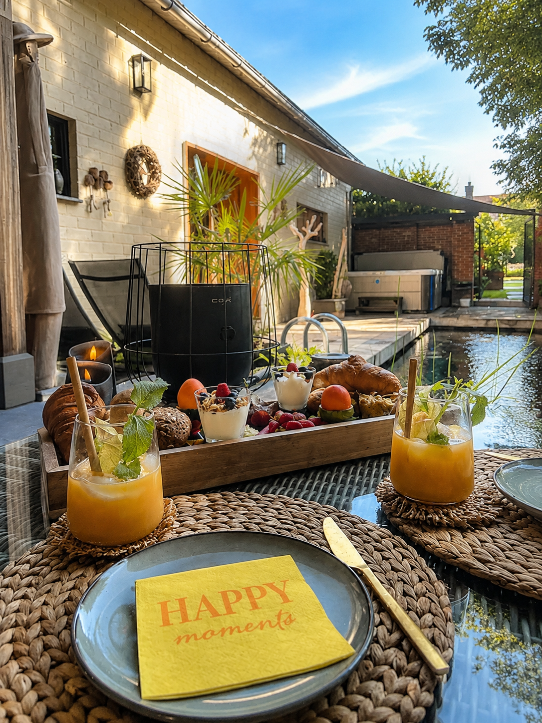 Luxe ontbijt op het terras bij Wellcarewellness privé wellness in Zutendaal
