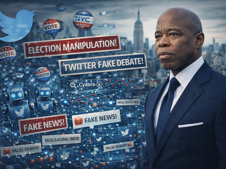 뉴욕 시장 에릭 애덤스의 실사 인물 사진과 뉴욕 시내 전경을 배경으로, 온라인 계정 네트워크와 허위정보 확산 구조가 선거 여론을 증폭시키는 모습을 시각화한 이미지