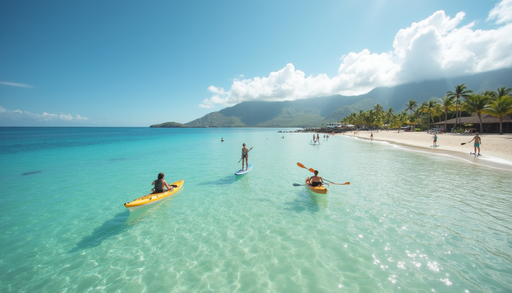Eye-level view of the Kaneohe Bay sandbar with clear shallow waters and paddle boarders