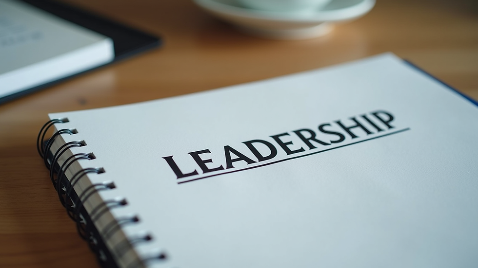 Close-up view of a leadership workbook and notes on a desk