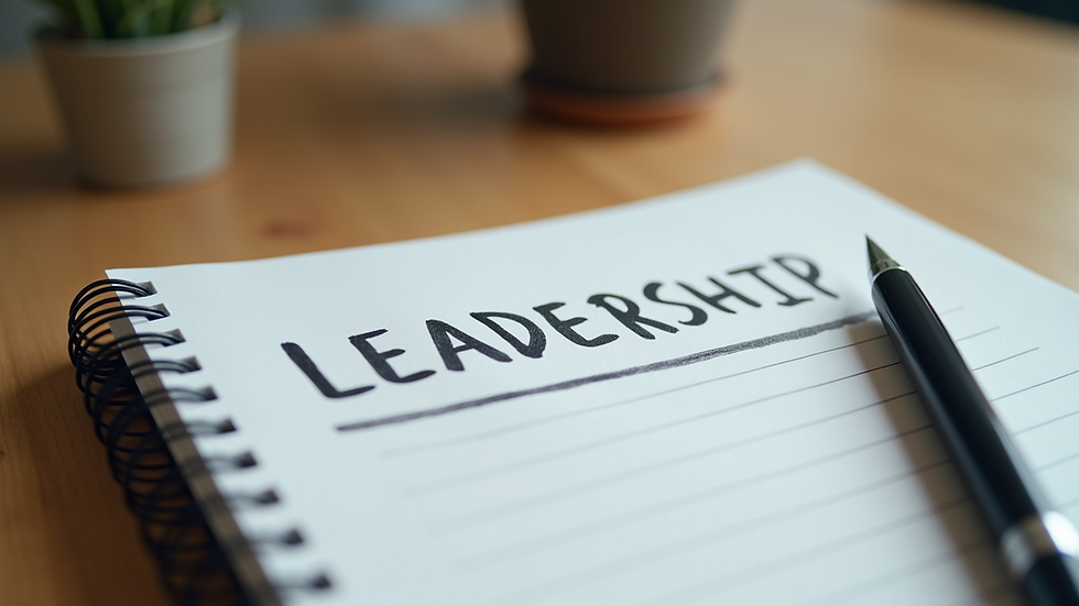 Close-up view of a notebook with leadership notes and a pen on a wooden desk