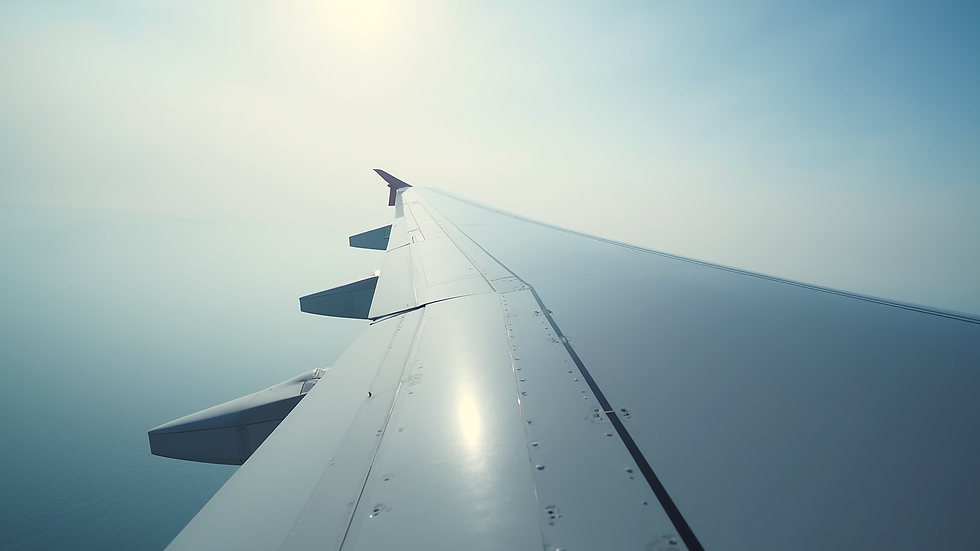 High angle view of aircraft wing with polished metal surfaces