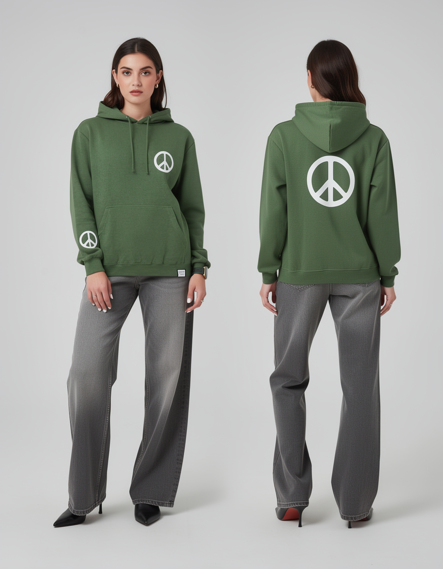 Soft fleece Peace hoodie with premium heat-pressed graphics.