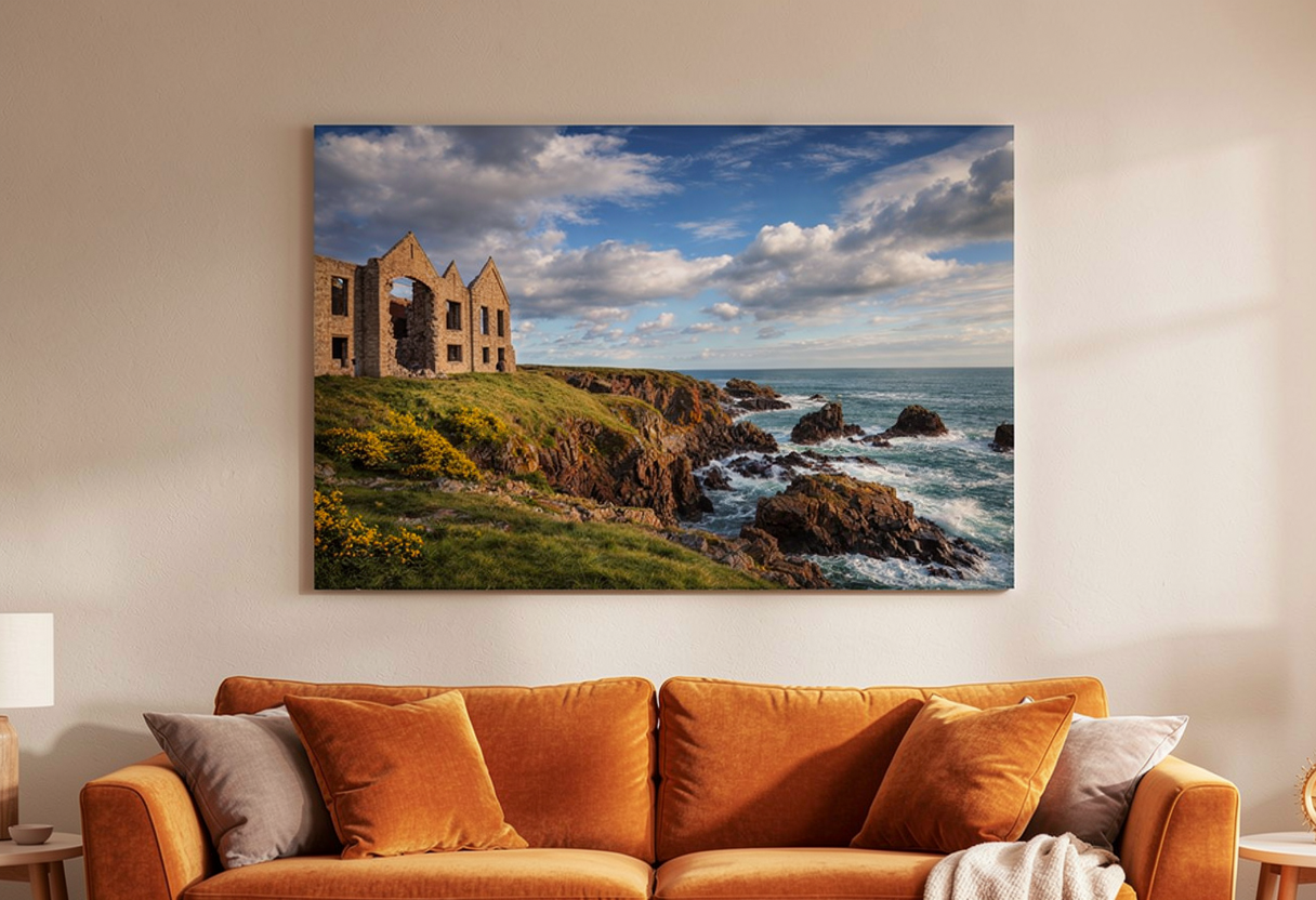 An elegant Wall-mounted Tension Fabric System featuring Slains Castle.