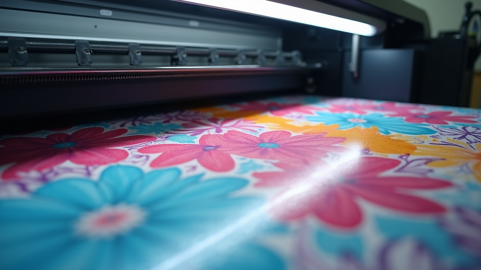 Close-up view of a digital textile printer applying vibrant ink on fabric