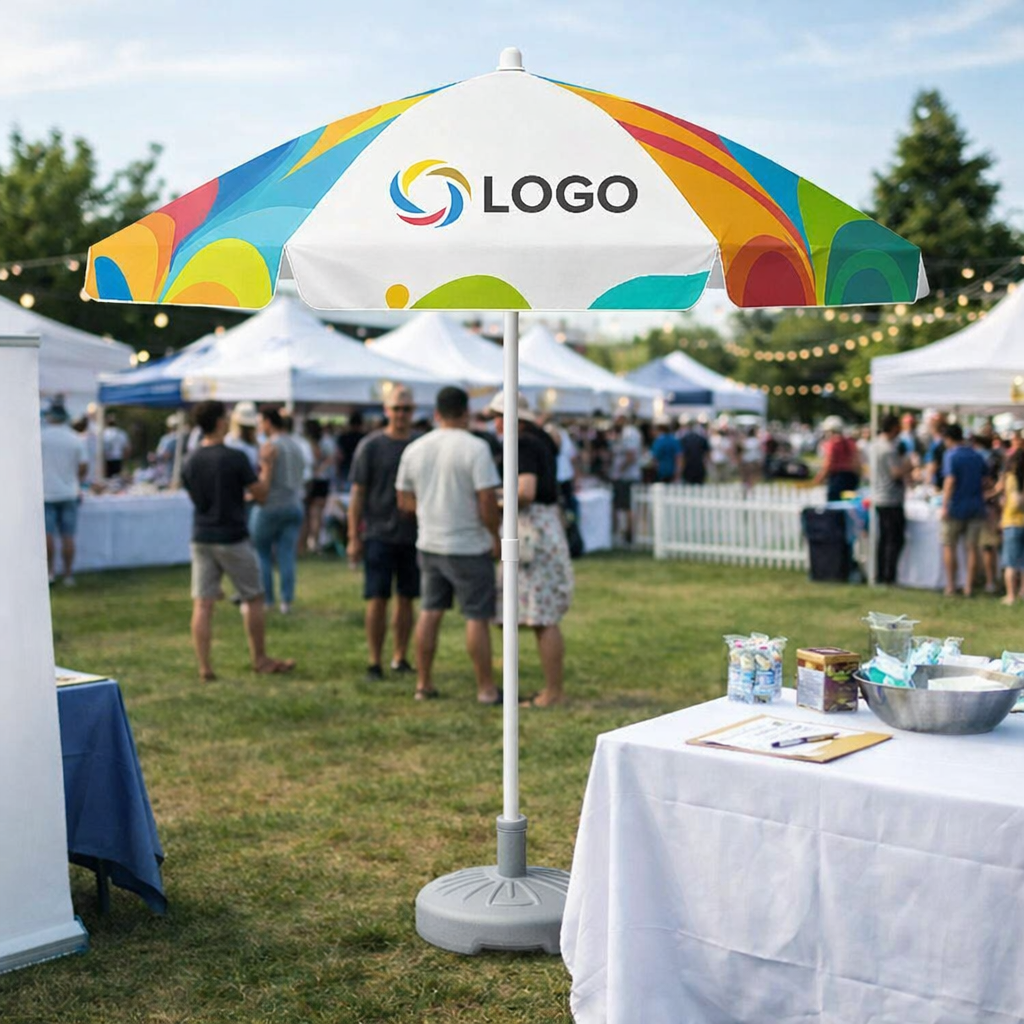 Elegant outdoor parasol with a digitally printed polyester canopy.