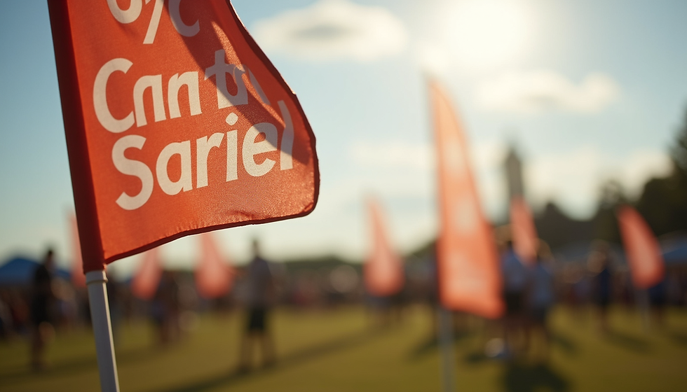 Eye-level view of a custom feather flag fluttering at an outdoor event