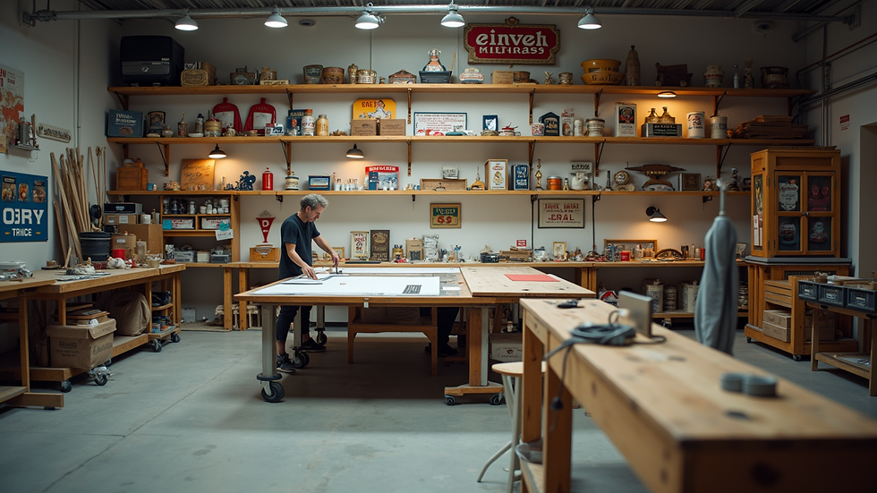 High angle view of a sign maker workshop with various signage materials