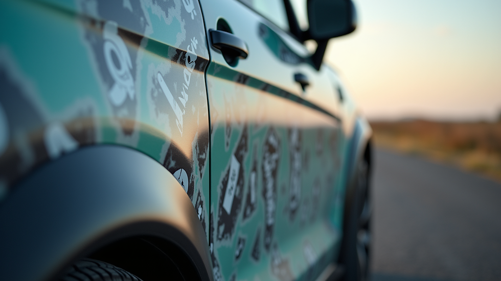 Close-up view of a vehicle with custom vinyl graphics in Cruden Bay