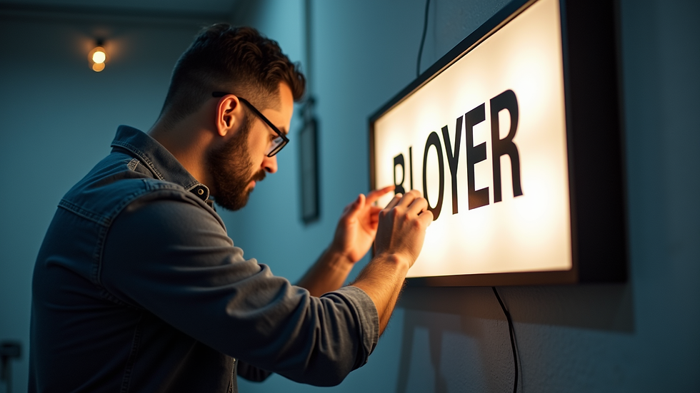 Close-up view of an electrician installing LED lights inside a light box sign