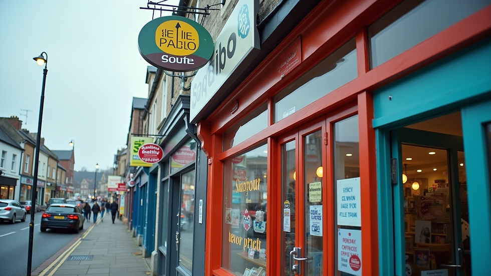 Eye-level view of a Cruden Bay signage store exterior with colourful signs