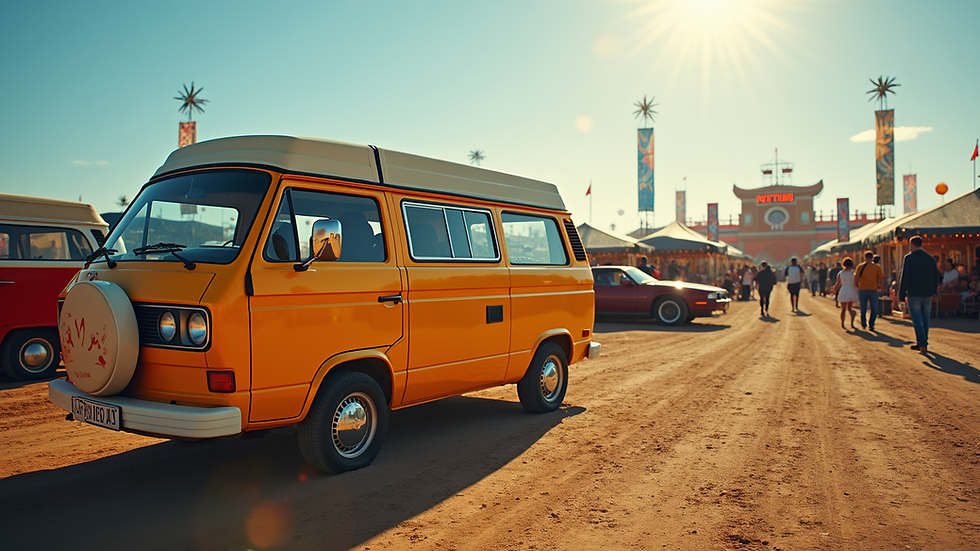 High angle view of a brightly wrapped van parked near a festival site
