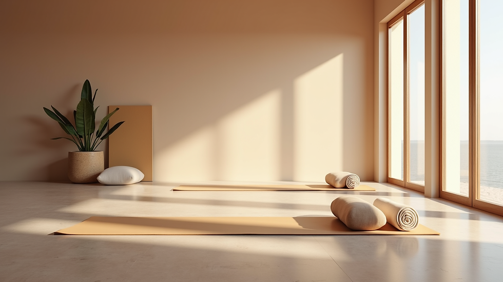 Eye-level view of a serene yoga space with mats and calming decor