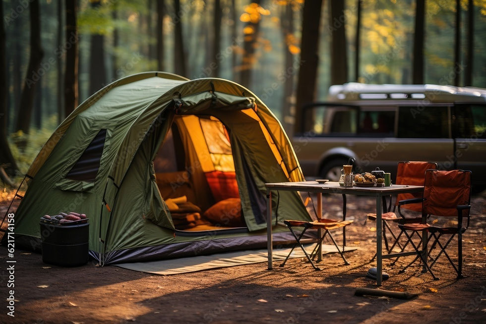 Forest campsite with green tent, table, and chairs