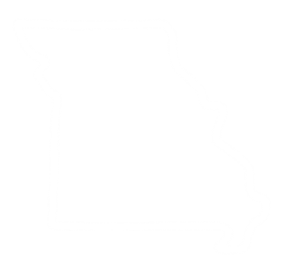 White outline of the state of Missouri on a black background
