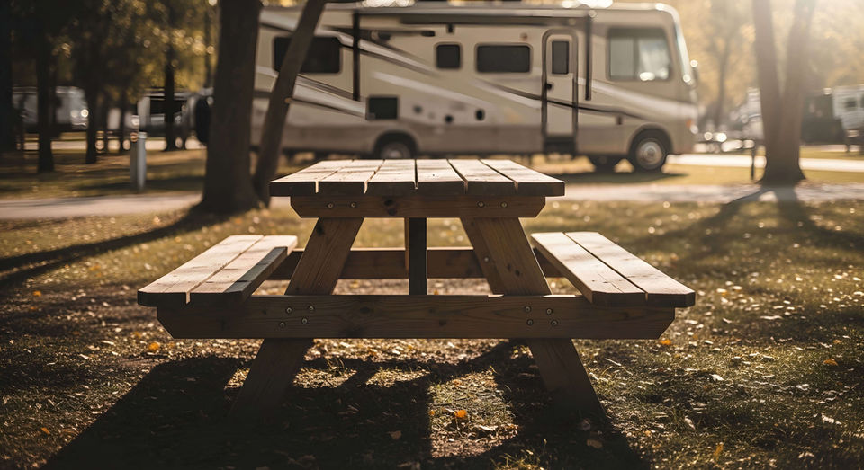 Picnic table with RV in a sunny campsite