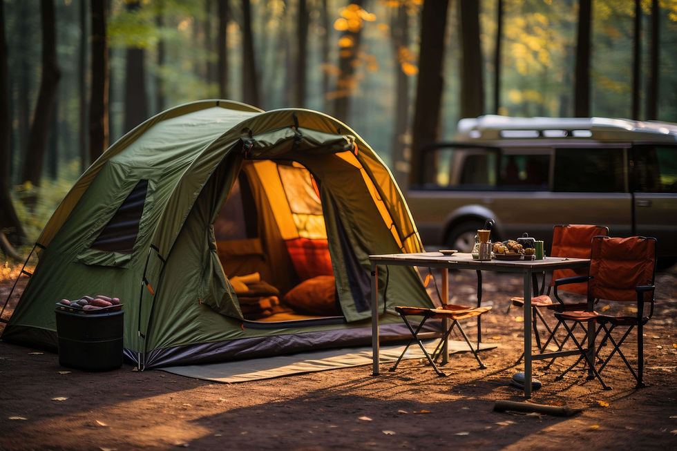 Tent camping in a forest with an illuminated tent.