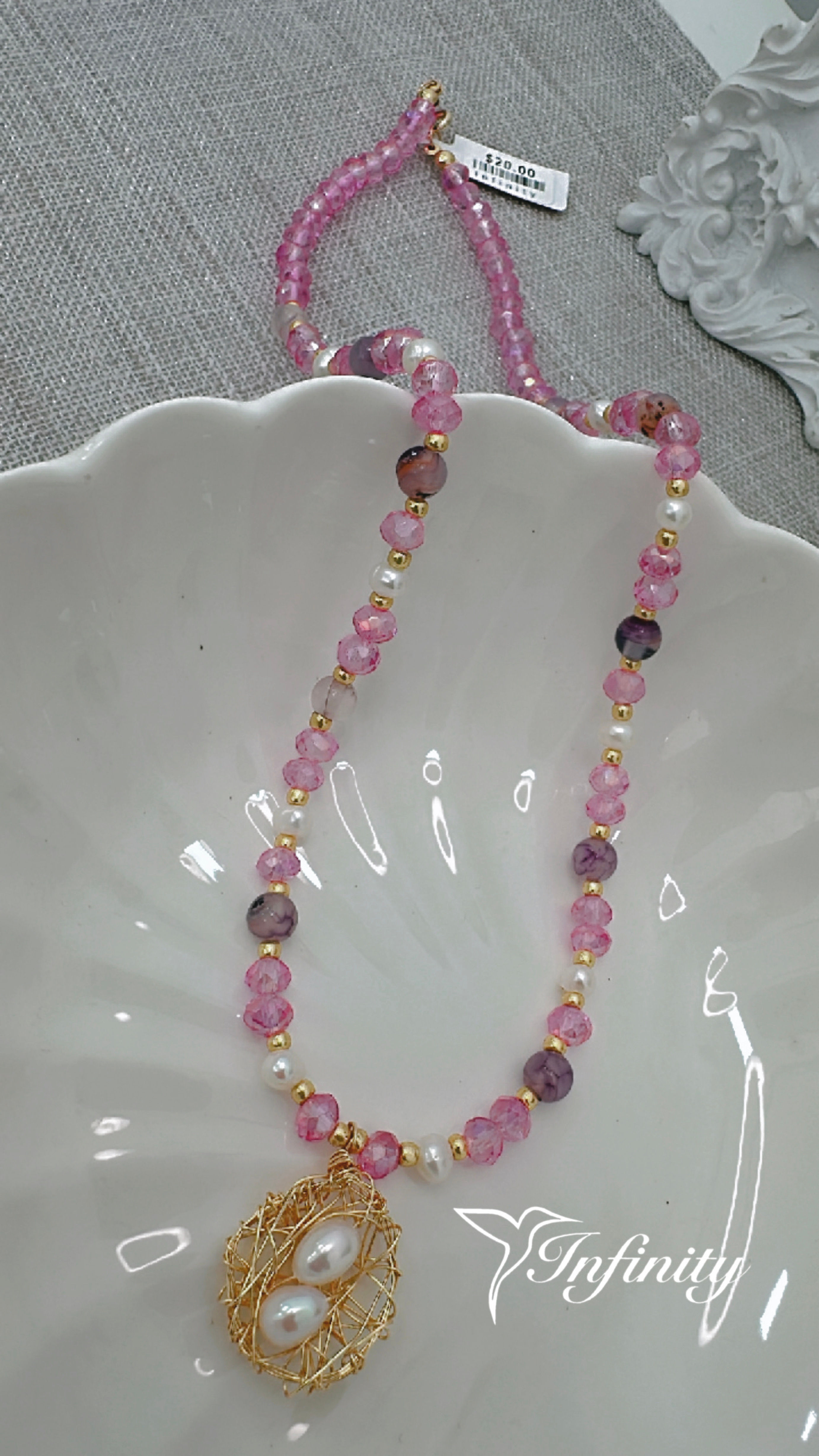 Collar de cristal  con perla y dije de acero (P.Neto)