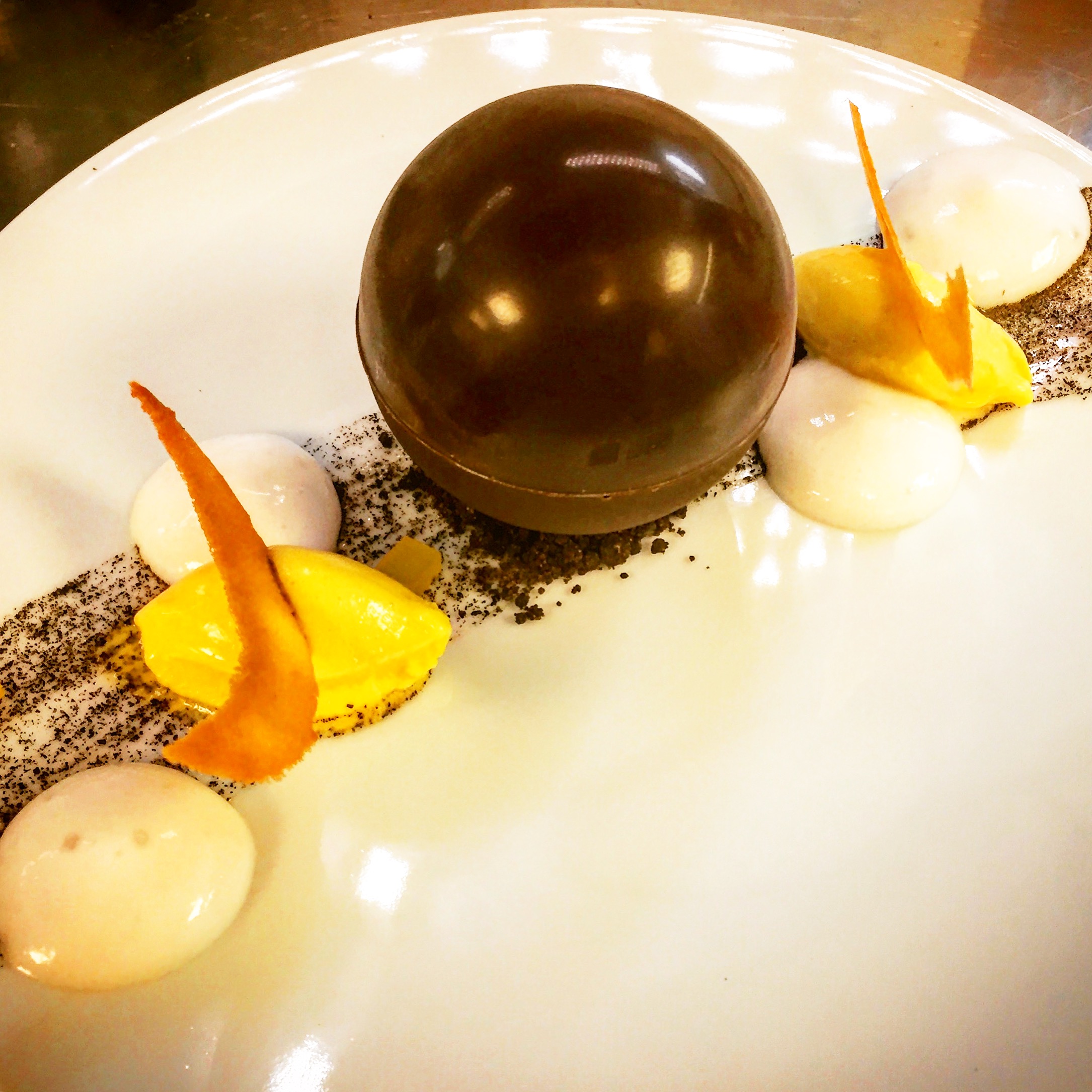 Passion fruit choclate sphere, coconut f