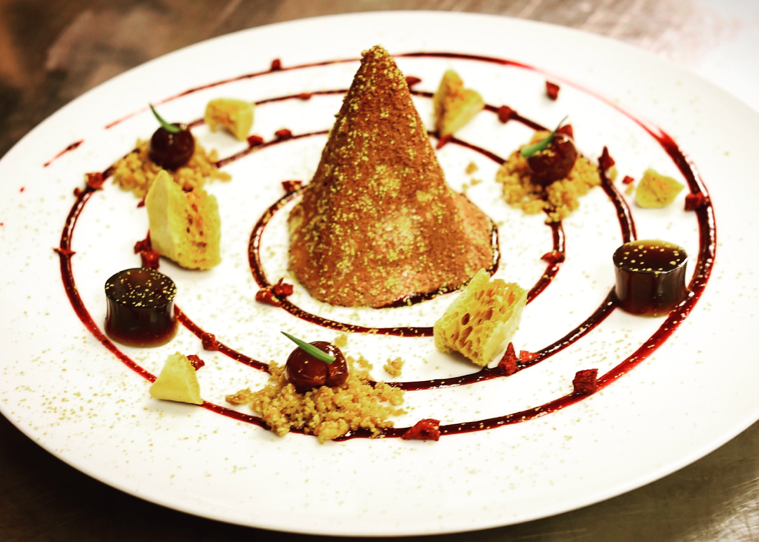 Caramel parfait, coffee, cherries