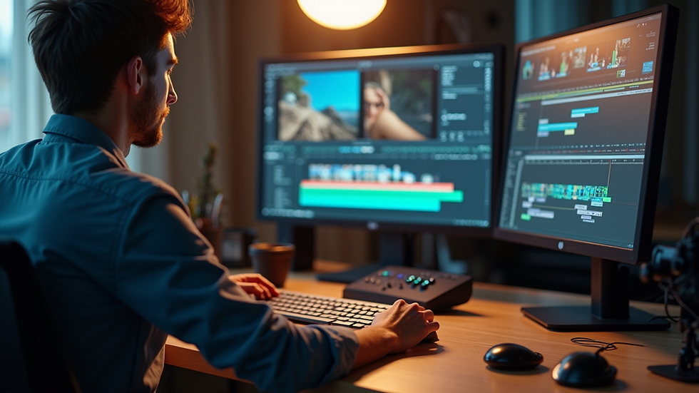 Eye-level view of a film editor working on a computer with editing software