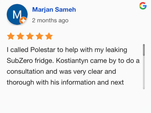 Google 5-star review, for SubZero fridge repair.