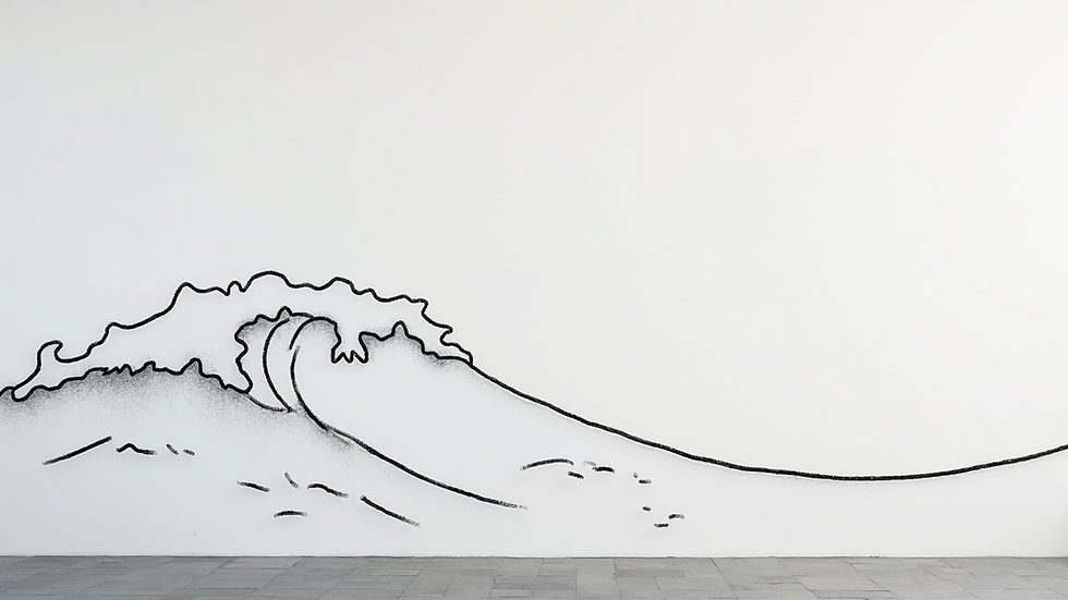 Eye-level view of a minimalist ocean wave line drawing on a white wall