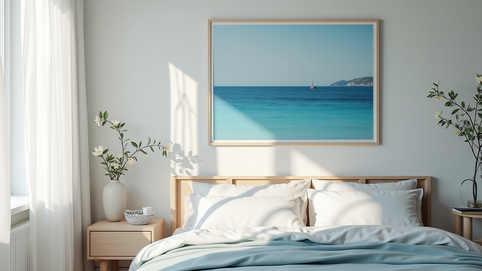 Close-up of a bedroom wall with a calm ocean print in soft blue tones