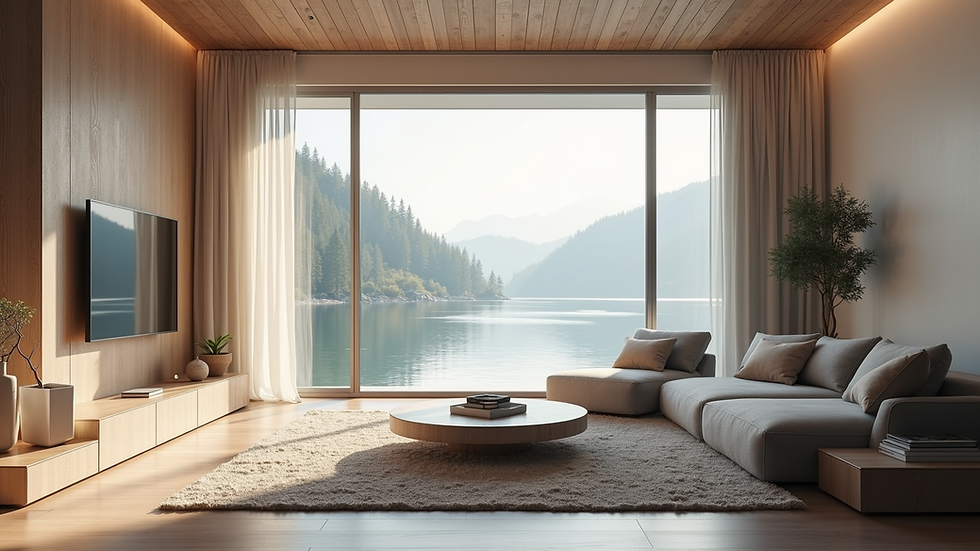 High angle view of a minimalist living room with lake art print