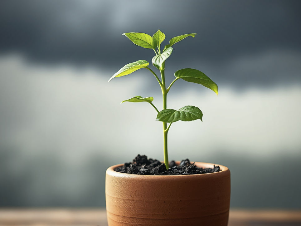 Een sterke, groene plant met diepe wortels groeit vanuit vruchtbare aarde in een terracotta pot, symbool voor de werking van adaptogenen: ze voeden je innerlijke basis voor veerkracht bij stress.