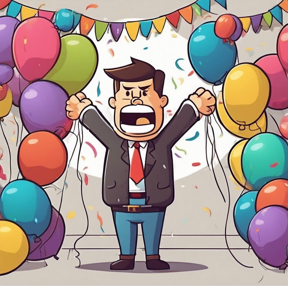 Frustrated cartoon with colorful balloons